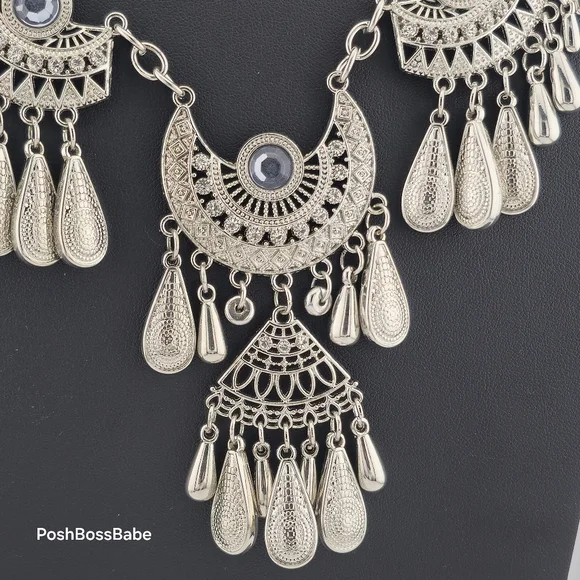 Boho Statement Necklace with Silver-Tone Crescent Medallions – 20-23" Length - Picture 3 of 12